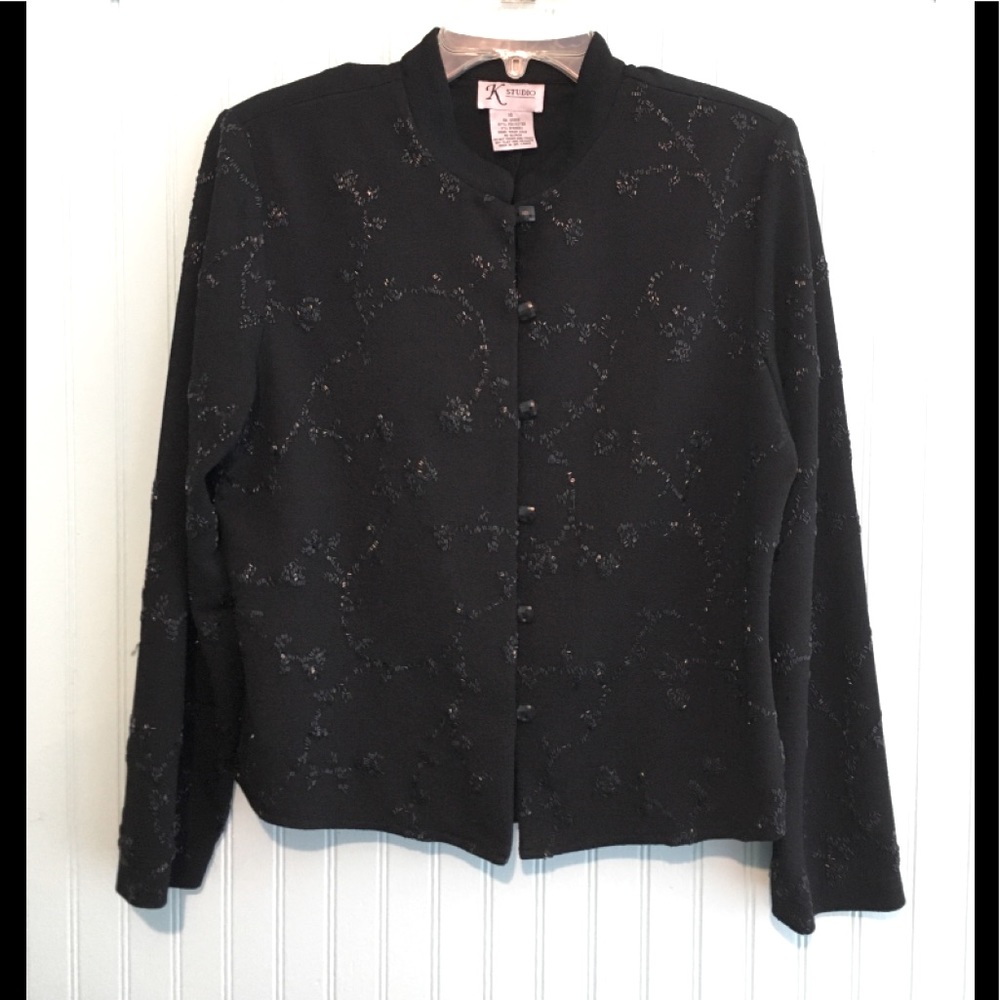 K Studio 14 dressy beaded top black button up open back and button at bottom